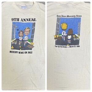 1986 Vintage Race T Shirt Double Sided Cartoon White‎ Fits Size Small